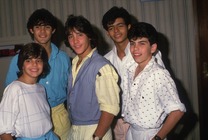 Portrait of teen pop group Menudo (L-R: Ricky Martin, aged thirteen, Charlie Rivera, Roy Rossello, Robby Rosa, and Ray Acevedo