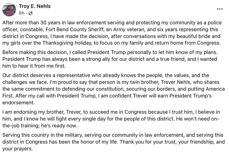 Troy Nehls Facebook post