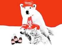 Coca Cola polar bears wearing MAGA hats and bottles of diet coke in the snow