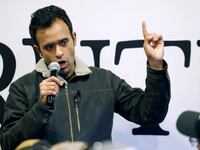 Republican presidential candidate businessman Vivek Ramaswamy speaks to voters during a campaign stop on January 10, 2024 in Marshalltown, Iowa.
