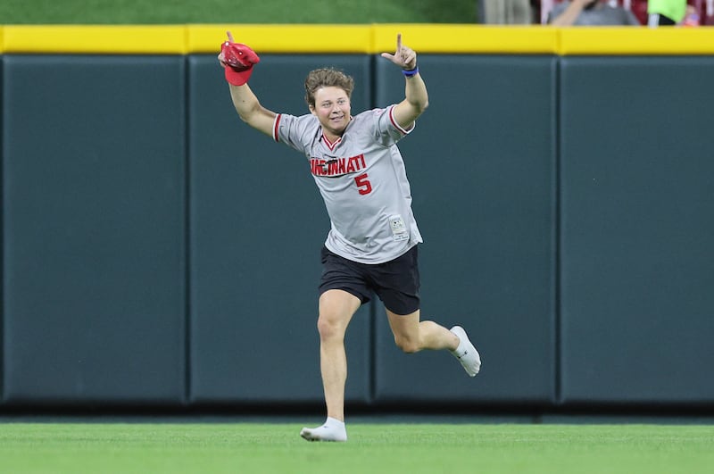 William Hendon runs on the field before the ninth inning of the Cincinnati Reds against Cleveland Guardians at Great American Ball Park.