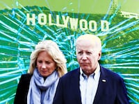 A photo illustration of Jill Biden, President Joe Biden, and the Hollywood sign.