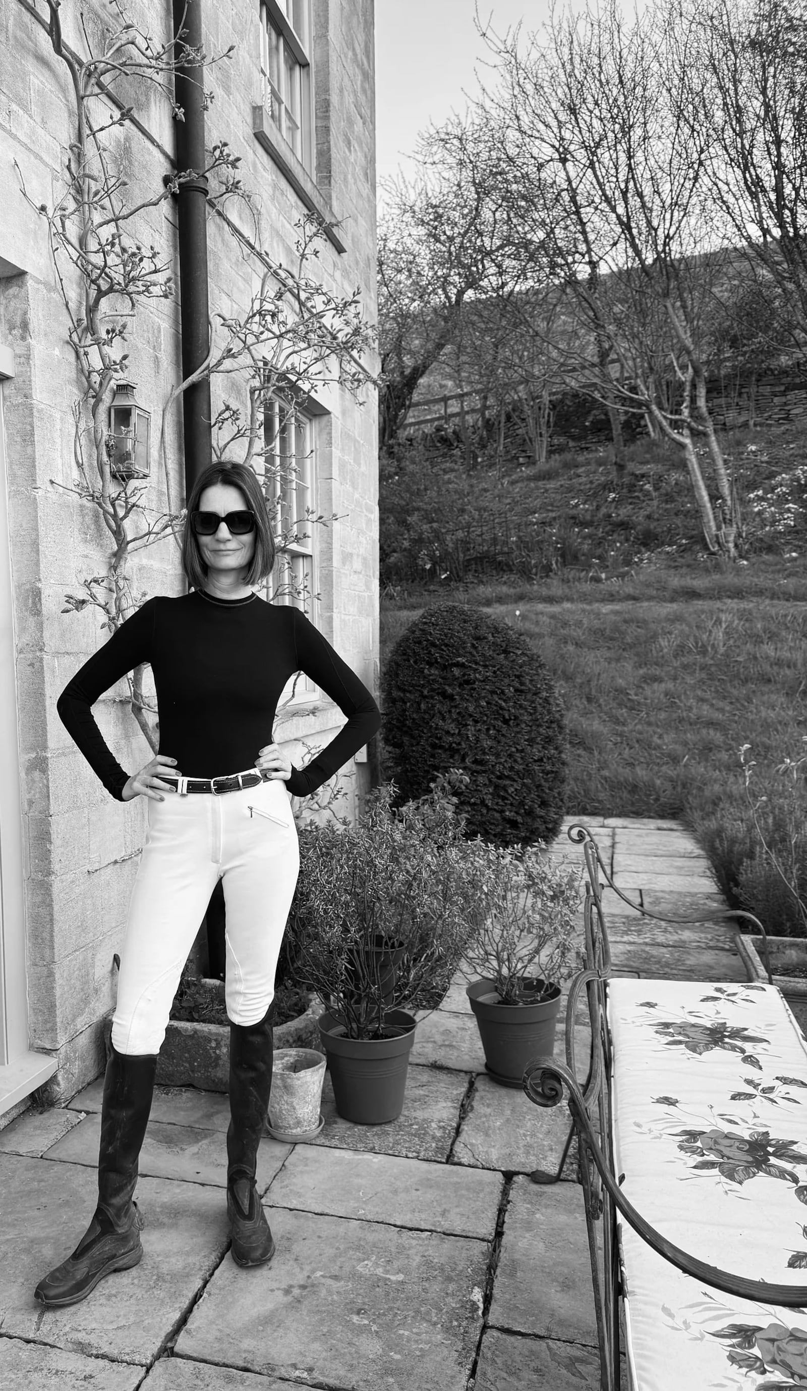 In my Sylva top, Saddlehugger breeches, Ariat riding boots, and Kate Spade sunglasses, about to set off for a ride. The belt is from a store in Provence.
