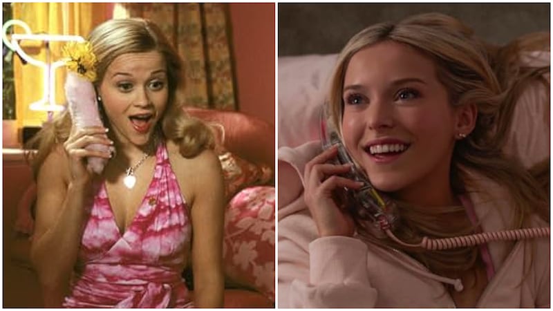 Reese Witherspoon in “Legally Blonde” appears next to Lexi Minetree in “Elle,” in matching poses holding a telephone.