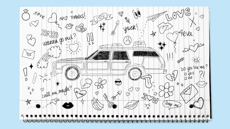Illo illustration of a woody car on a lined notebook with doodles on it