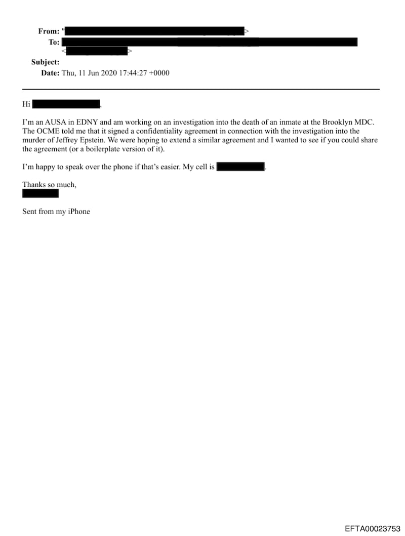 email suggesting epstein's death was a murder