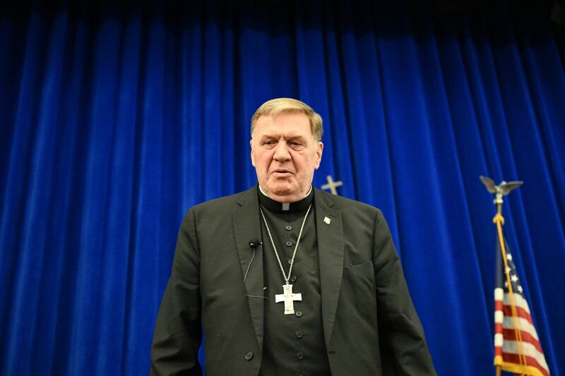 US cardinal Joseph William Tobin attends a press conference of US cardinals, a day after the new pope's election, at the North American College in Rome on May 9, 2025. (Photo by Alberto PIZZOLI / AFP) (Photo by ALBERTO PIZZOLI/AFP via Getty Images)