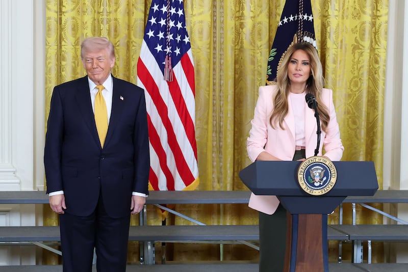 WASHINGTON, DC - MAY 06: First lady Melania Trump makes a statement alongside U.S. President Donald Trump during a military mothers celebration in the East Room of the White House on May 6, 2026 in Washington, DC. President Trump and the first lady honored America's military mothers at the event ahead of Mother's Day. (Photo by Anna Moneymaker/Getty Images)