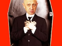 A photo illustration of Yevgeny Prigozhin in a casket