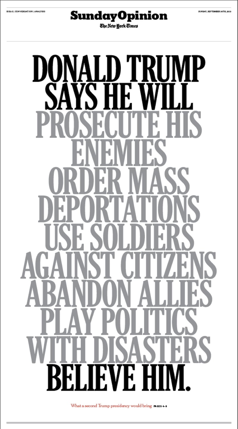 The cover of The New York Times’ opinion section on Oct. 29, 2024—the second-to-last Sunday before Election Day.