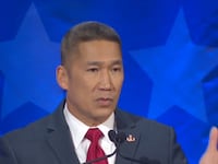 Hung Cao speaks during a televised debate Wednesday.