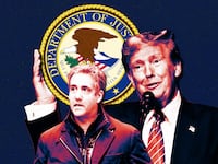 A photo illustration of Michael Cohen, Donald Trump, and the DOJ seal.