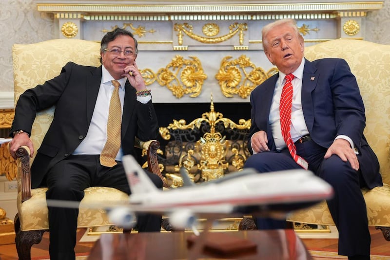 WASHINGTON DC, UNITED STATES - FEBRUARY 3: (----EDITORIAL USE ONLY - MANDATORY CREDIT - 'COLOMBIAN PRESIDENCY PRESS OFFICE / HANDOUT' - NO MARKETING NO ADVERTISING CAMPAIGNS - DISTRIBUTED AS A SERVICE TO CLIENTS----) US President Donald Trump meets with the Colombian Presiden Gustavo Petro during an official meeting at the Oval office in Washington D.C, USA on February 3, 2026. (Photo by Colombian Presidency Press Office/Anadolu via Getty Images)