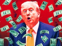 A photo illustration of Donald Trump and stimulus checks and money flying.