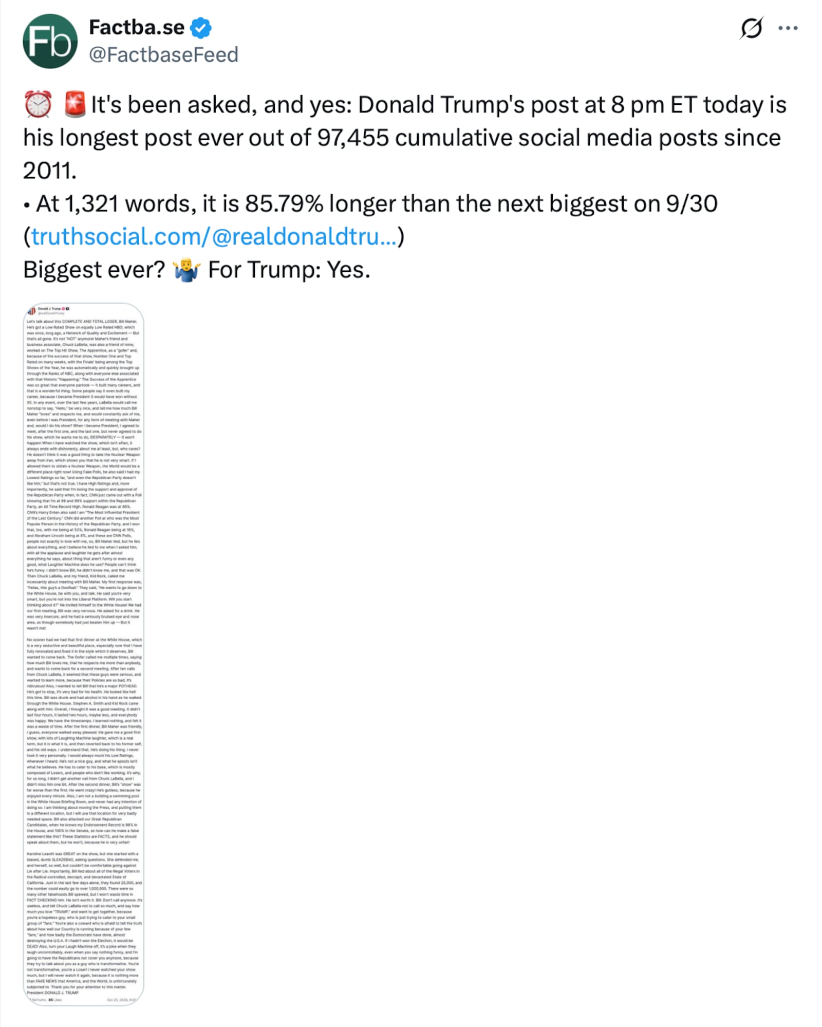 Factbase post about Trump's epic Truth Social post. X