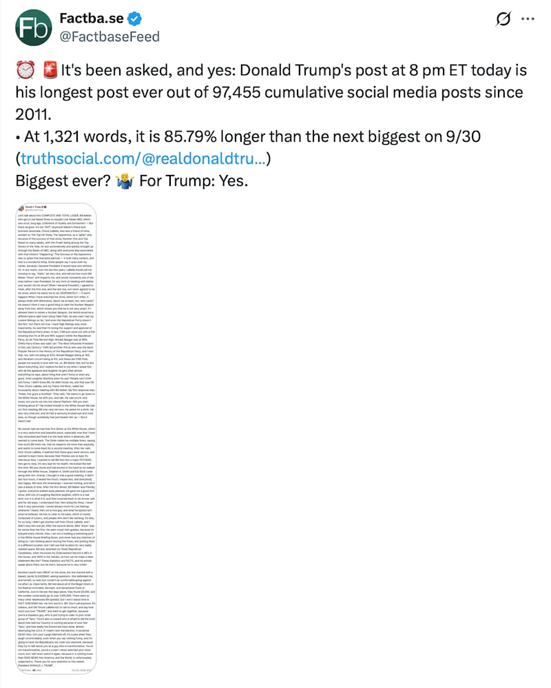 Factbase post about Trump's epic Truth Social post.