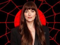 A photo illustration of Dakota Johnson and a background of spider webs.