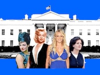 A photo illustration of Ellen Rametsch, Stormy Daniels, Marilyn Monroe, and Monica Lewisnky