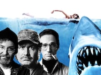 An illustration including photos from the Film JAWS and actors Colin Donnell as Roy Scheider, Alex Brightman as "Richard Dreyfuss", and Ian Shaw as "Robert Shaw" in Broadway play The Shark is Broken