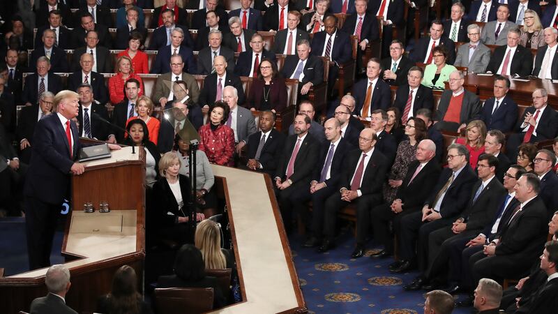 WASHINGTON, DC - FEBRUARY 04: President Donald Trump delivers the State of the Union address House Speaker Rep. Nancy Pelosi (D-CA) and Vice President Mike Pence look on in the chamber of the U.S. House of Representatives on February 04, 2020 in Washington, DC. President Trump delivers his third State of the Union to the nation the night before the U.S. Senate is set to vote in his impeachment trial. (Photo by Drew Angerer/Getty Images)