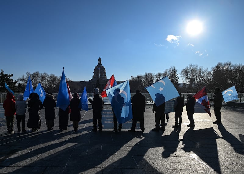 EDMONTON, CANADA - FEBRUARY 08:
Uyghur activists gather at Violet King Henry Plaza, in front of the Alberta Legislature, during the 'Edmonton for East Turkistan' protest on February 8, 2025, in Edmonton, Alberta, Canada.
The demonstration calls for justice, an end to the persecution of Uyghurs in East Turkistan, and commemorates the 1997 Ghulja Massacre. (Photo by Artur Widak/NurPhoto via Getty Images)
