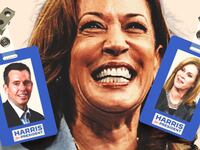 Photo illustration of Kamala Harris, David Plouffe and Stephanie Cuttter