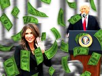 Kristi Noem and Donald Trump with money falling down around them