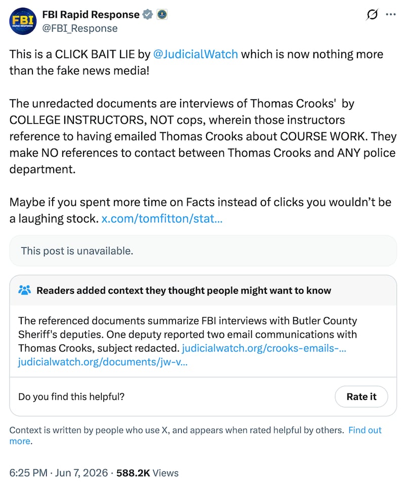 FBI Rapid Response post attacking Tom Fitton and Judicial Watch.