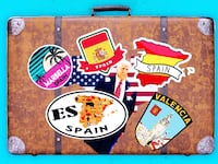 Trump, travel suitcase with stickers photo illustration