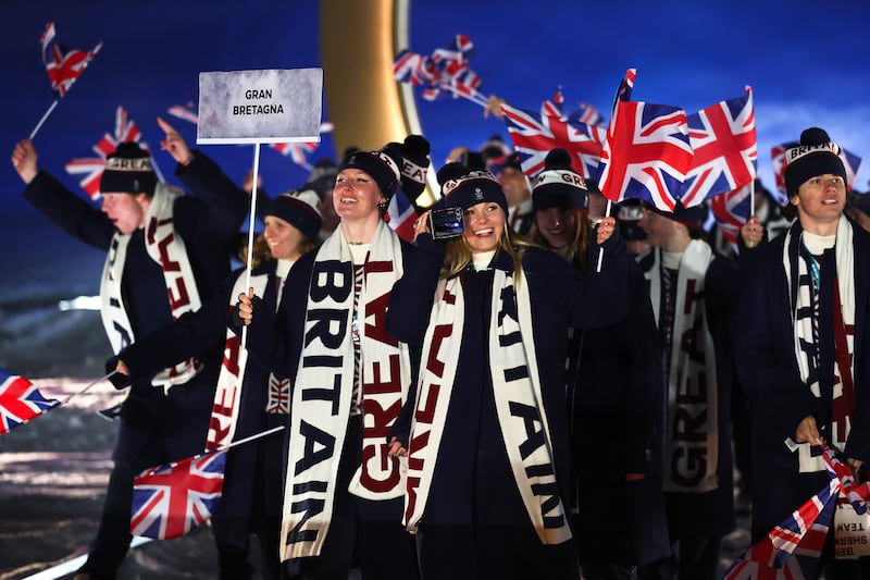 Athletes of Team Great Britain walk in the athlete parade during the opening ceremony of the Milano Cortina 2026 Winter Olympics at Livigno Snow Park on February 06, 2026 in Livigno, Italy.