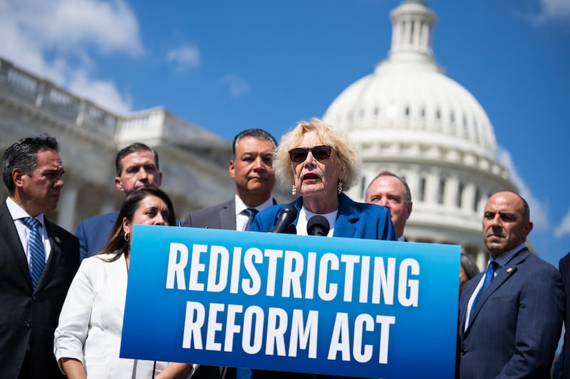 UNITED STATES - SEPTEMBER 18: Rep. Zoe Lofgren, D-Calif., and members of the California delegation conduct a news conference to reintroduce the "Redistricting Reform Act," outside the U.S. Capitol on Thursday, September 18, 2025. (Tom Williams/CQ-Roll Call, Inc via Getty Images)