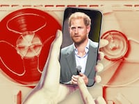 Photo illustration of Prince Harry in a cell phone on a background of a recording device