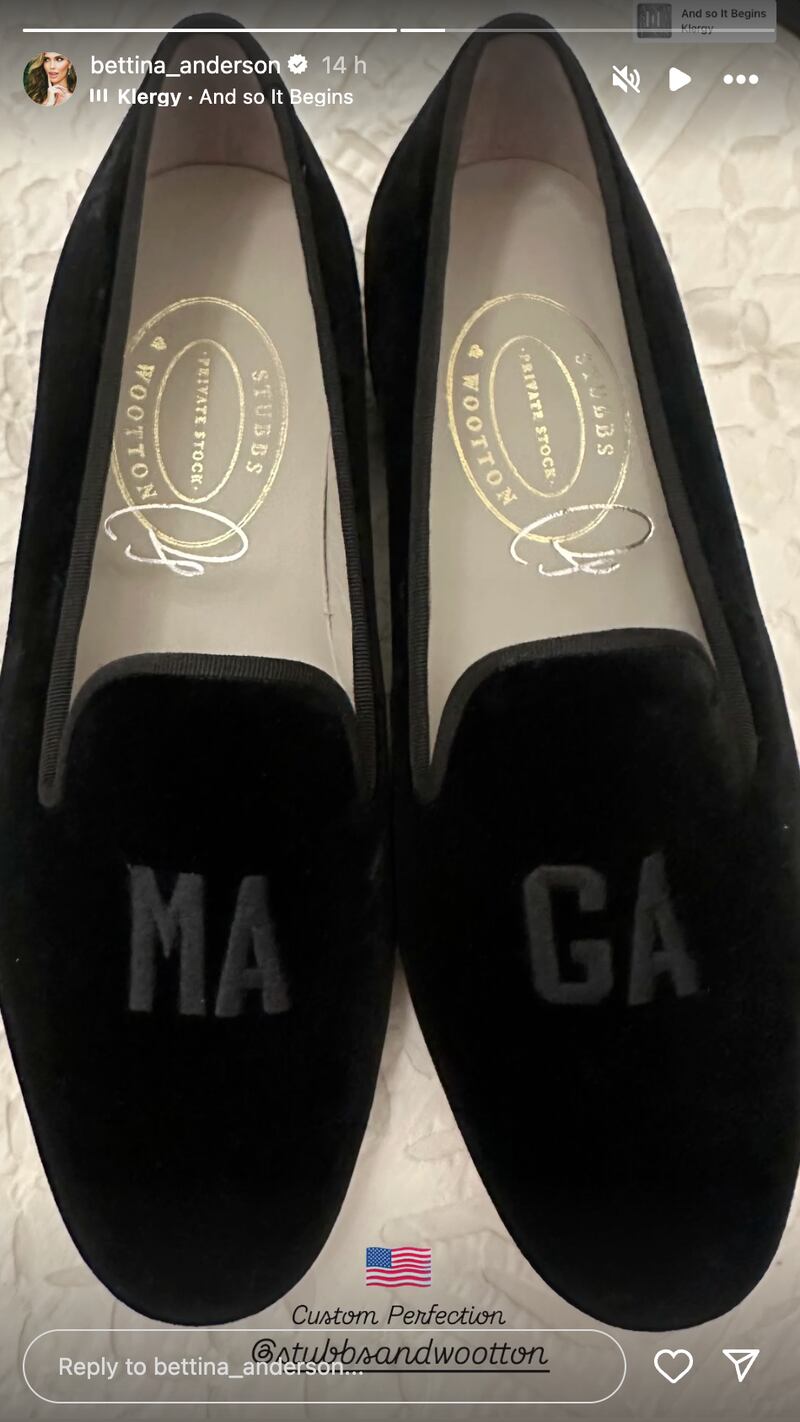 An Instagram story by Bettina Anderson shows off a new pair of custom MAGA slippers.