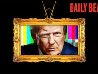 Donald Trump inside a gold-framed TV