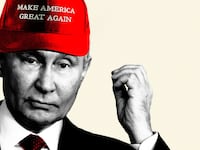 An illustration including Putin wearing a MAGA hat