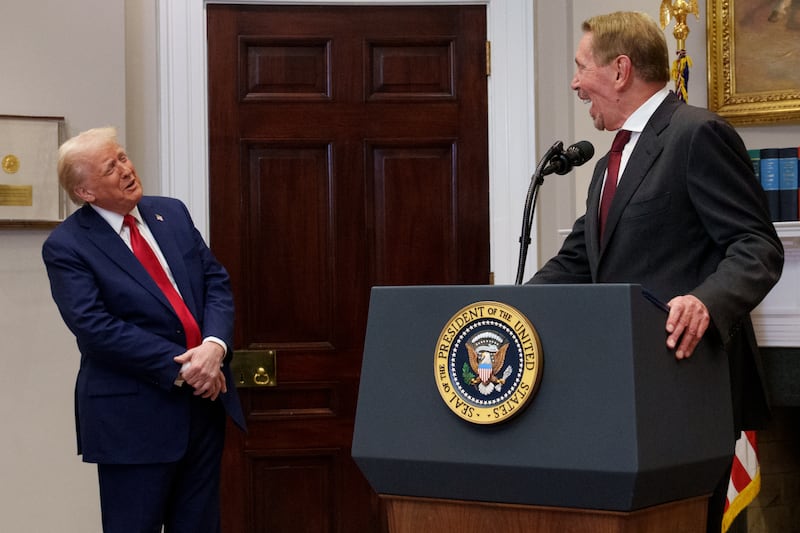 Larry Ellison and President Donald Trump appeared at a news conference together in the Roosevelt Room of the White House on January 21, 2025.