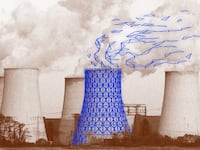 A nuclear power plant with a digital AI vector over top.