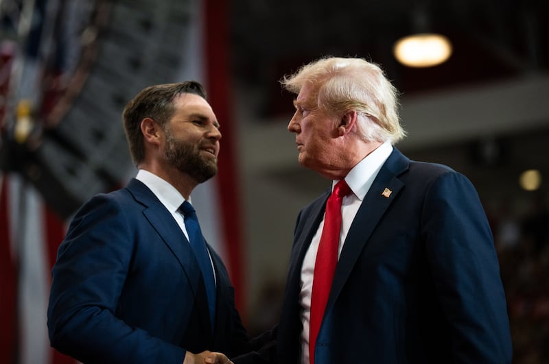 JD Vance introduces Donald Trump during a rally at Herb Brooks National Hockey Center on July 27, 2024 in St Cloud, Minnesota.