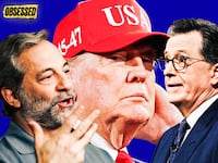 Judd Apatow, Donald Trump, and Stephen Colbert for the Obsessed podcast.