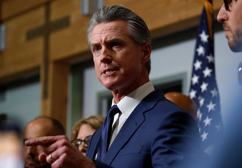 California Gov. Gavin Newsom speaks during a news conference to kick off the Yes on 50 campaign at the California Democratic Party Headquarters on August 21, 2025 in Sacramento, California. In a move to counter Texas House Republicans’ plan to redraw the state’s congressional maps ahead of the 2026 midterm elections, California Democrats took up a proposed constitutional amendment to temporarily redraw their own congressional maps, potentially creating five additional U.S. House seats for their party. (Photo by Justin Sullivan/Getty Images)