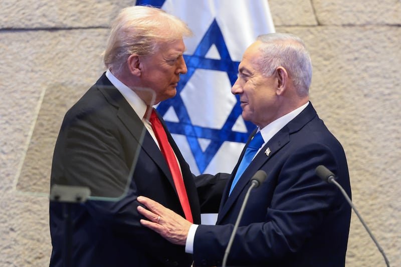 U.S. President Donald Trump speaks with Israeli Prime Minister Benjamin Netanyahu