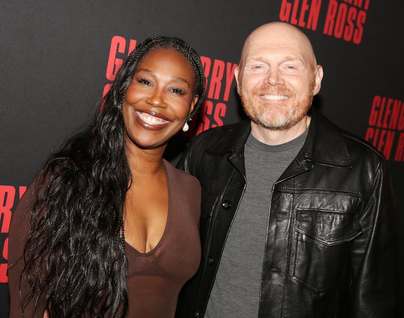 NEW YORK, NEW YORK - MARCH 31: Nia Hill and husband Bill Burr pose at the opening night of David Mamet's "Glengarry Glen Ross" at The Palace Theatre on March 31, 2025 in New York City. (Photo by Bruce Glikas/WireImage)