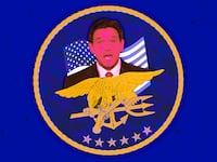 A photo illustration of Florida Gov. Ron DeSantis and the Navy SEAL logo.