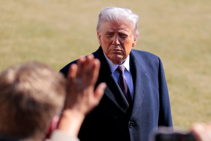 WASHINGTON, DC - FEBRUARY 27: U.S. President Donald Trump stops to speak to the media as he departs on Marine One on the South Lawn of the White House on February 27, 2026 in Washington, DC. Trump will deliver remarks in Corpus Christi, Texas before traveling to Florida to spend the weekend at his Mar-a-Lago resort. (Photo by Heather Diehl/Getty Images)