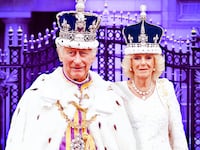 A photo illo illustration of King Charles, Camilla, and the gates of Buckingham Palace.