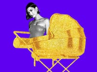 An illustration including a photo of Hailey Bieber and a golden stroller