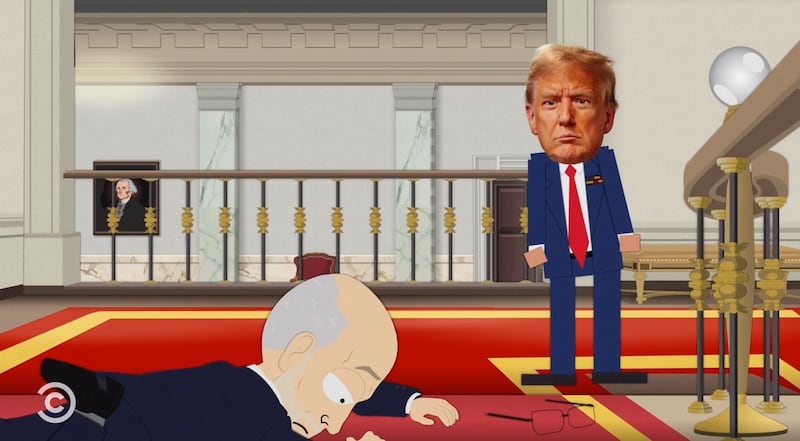 South Park, Carr injured on the floor as Trump watches.