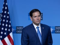 Marco Rubio stands during a press conference at NATO Headquarters in Brussels during the April 3 NATO Foreign Affairs Ministers' meeting.