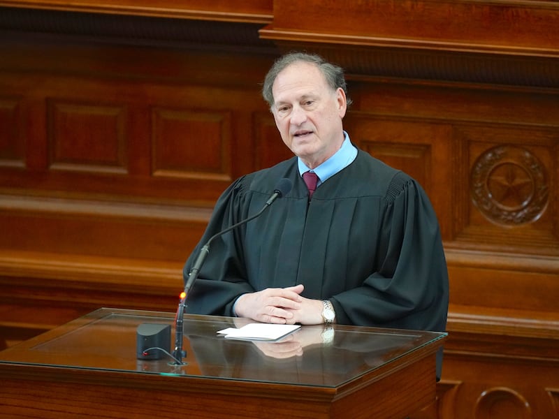 Supreme Court Justice Samuel Alito speaks during the investiture ceremony for Texas Supreme Court justices Kyle Hawkins and James Sullivan at the Capitol in Austin on Thursday, May 7, 2026.