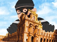 A photo illustration of a giant burglar above the Louvre in Paris, France.